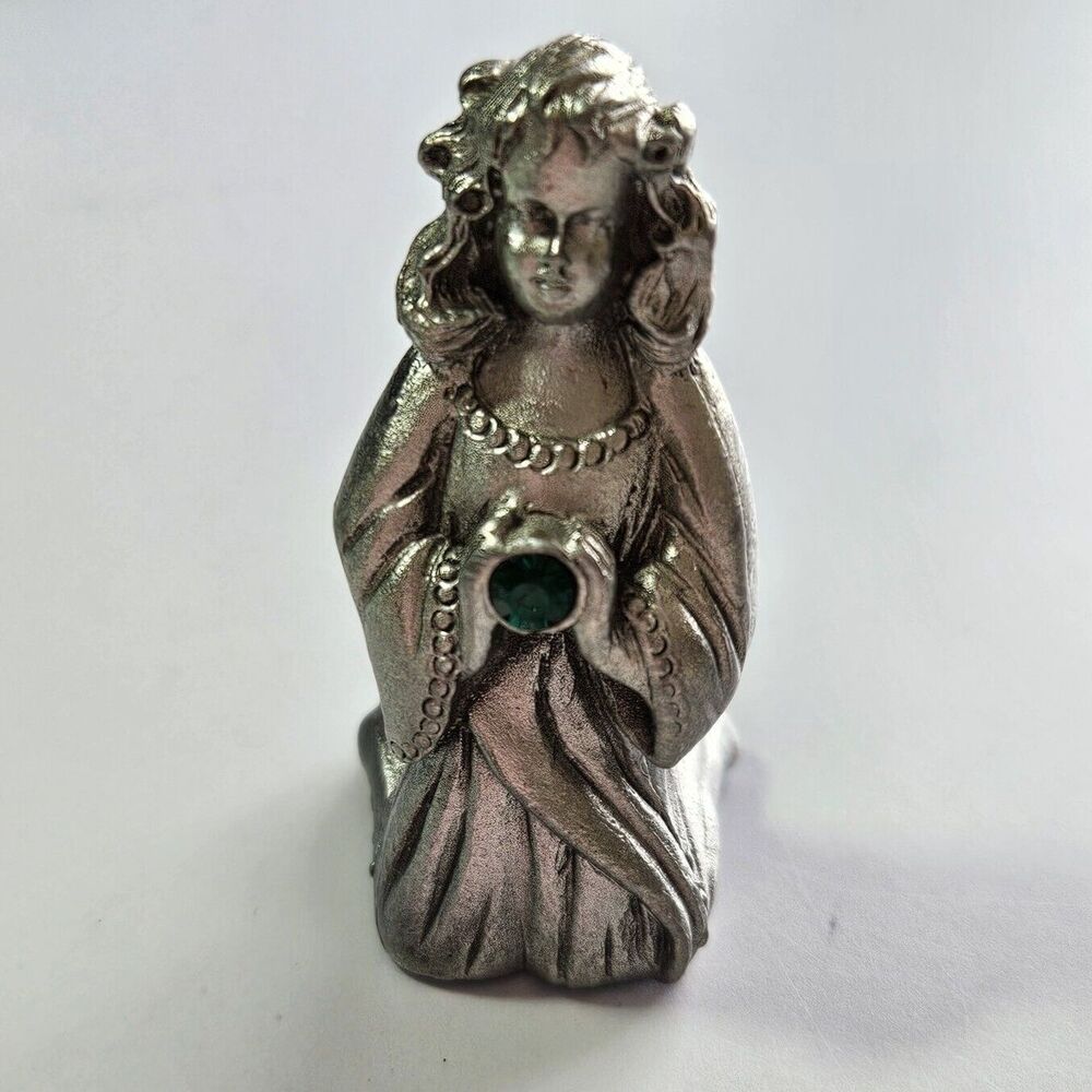Camco Pewter Praying Girl Miniature 2" Figurine With Green Stone
